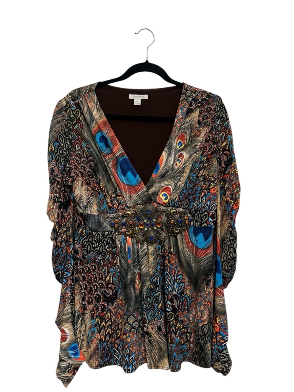 Fairygrunge Boho Peacock Print Tunic Jeweled Waist Flowy Top L Babydoll